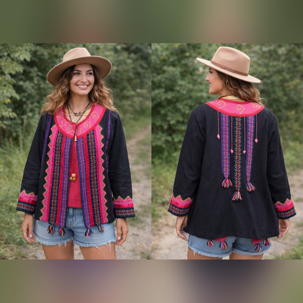 Diseños Delfís‎ Telas Tlaquepaque Embroidered Tribal Floral Cotton Jacket L